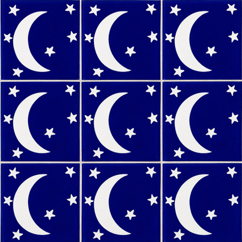 Talavera crescent moon star tile nine tile set with solid cobalt blue and white design