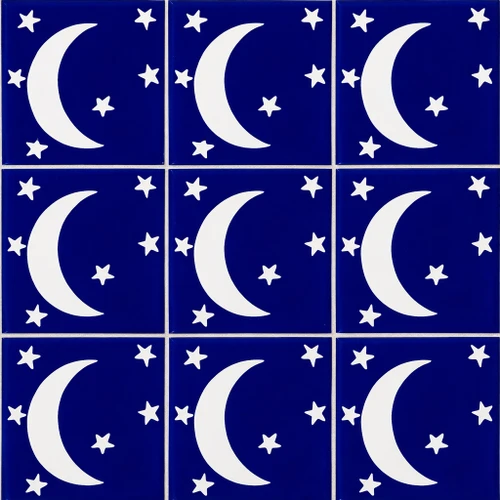 Talavera crescent moon star tile nine tile set with solid cobalt blue and white design