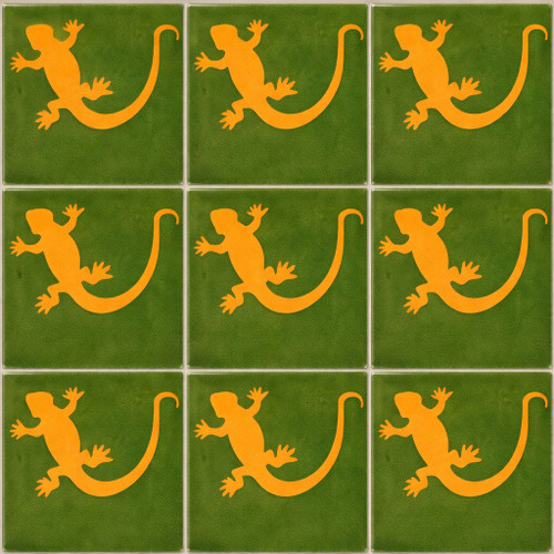 Mexican lizard motif ceramic tile nine tile set with solid green background and orange lizard