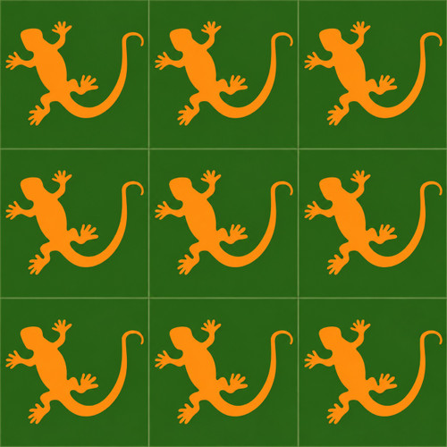 Mexican lizard motif ceramic tile nine tile set with solid green background and orange lizard