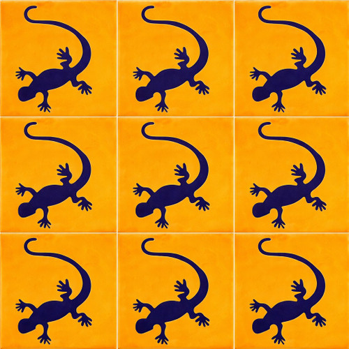 Talavera lizard silhouette tile nine tile set with solid yellow background and navy design
