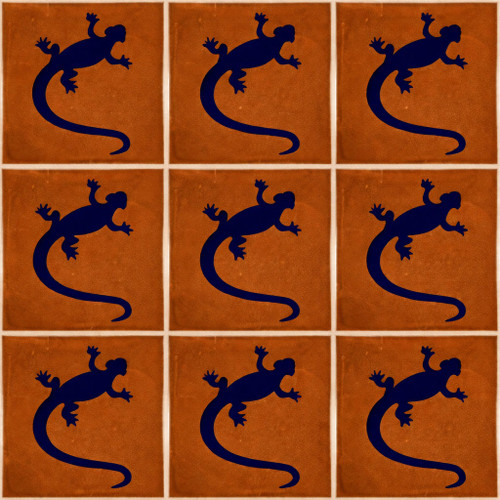 Mexican lizard silhouette tile shown as a nine tile set with solid brown color and clean grout lines