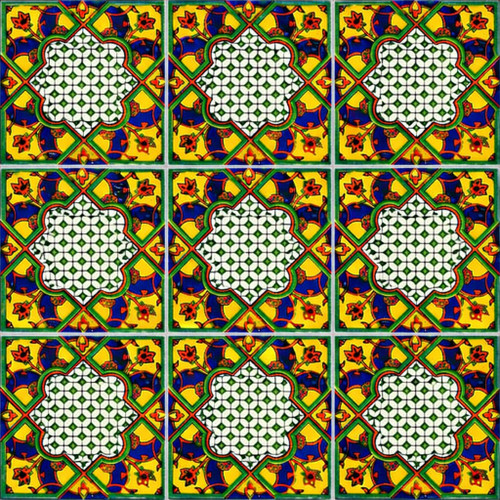 Talavera geometric medallion tile nine tile set with solid colors and clear grout lines