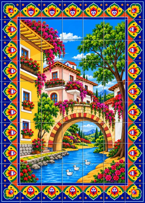 Talavera mediterranean village bridge mural