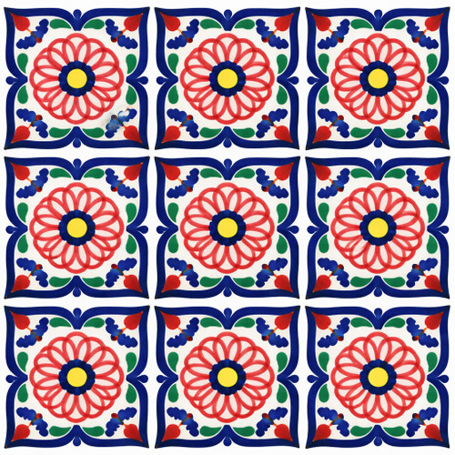 Talavera petal rosette mexican tile shown as a nine tile set with light grout divisions