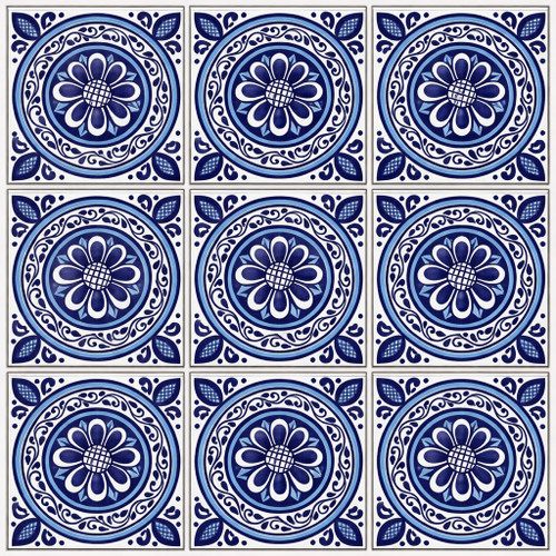 Blue medallion talavera tile shown in a three by three tile set with visible light cement joints