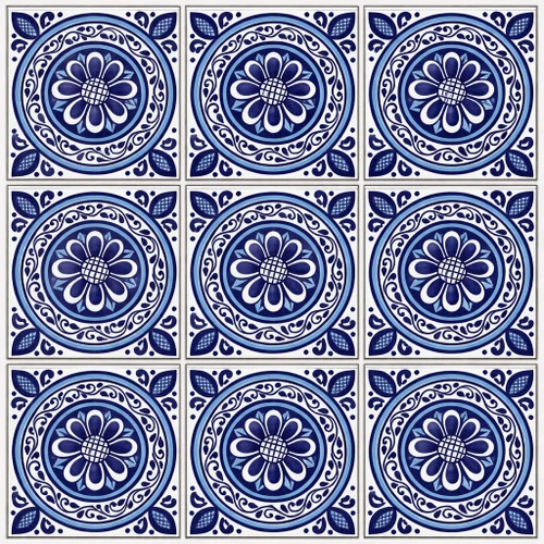 Blue medallion talavera tile pattern with white background shown in a three by three tile set with visible light cement joints