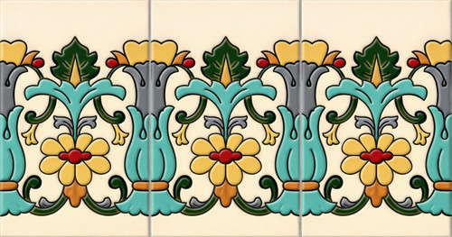 Mexican talavera yellow floral scroll relief tile three piece set