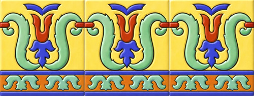 Mexican talavera tulip scroll relief border tile three piece set with raised tulip motif