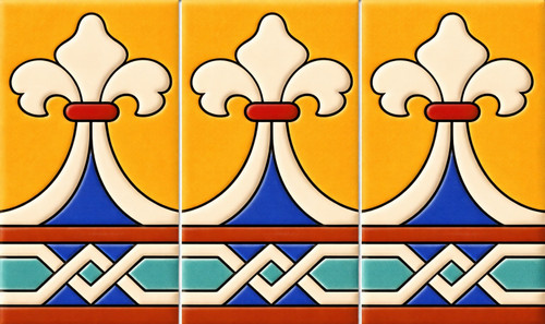 Talavera fleur de lis geometric relief border tile three piece set detail