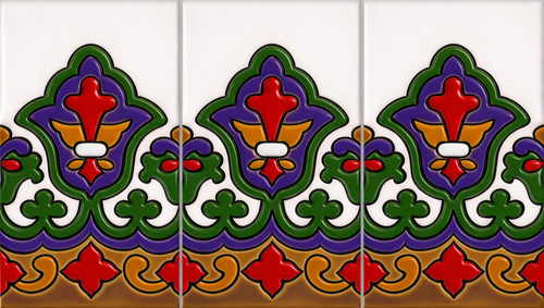Mexican talavera relief border tile with heraldic floral motif three tile set showing full raised pattern