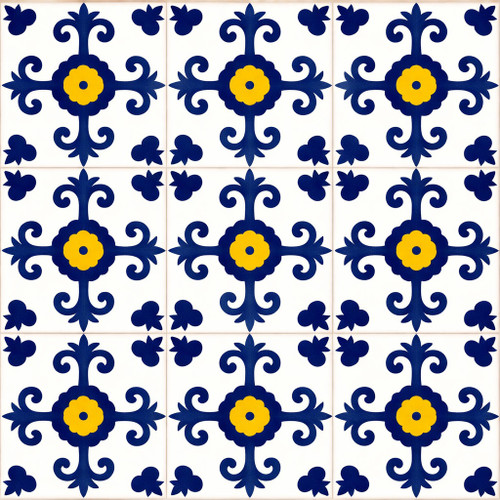 Cobalt cross motif talavera tile nine tile set with crisp grout lines and solid colors