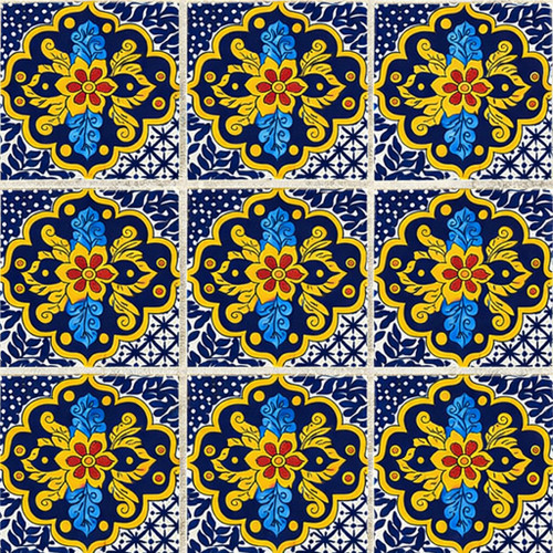 Yellow blue talavera medallion tile shown in a three by three tile set with light cement joints