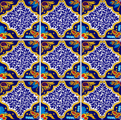 Blue talavera foliage medallion mexican tile nine piece layout with light grout lines