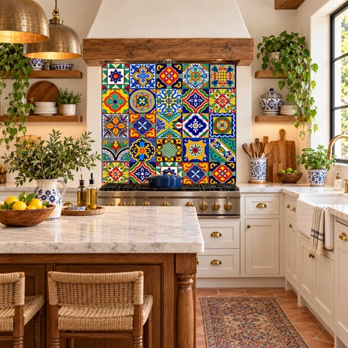 Colorful talavera mixed pattern tiles creating a vibrant handcrafted kitchen backsplash