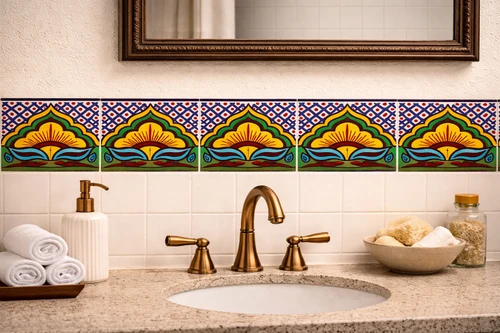 Mexican tile sunburst arch decorative border design installed as a bathroom wall border with handcrafted detail