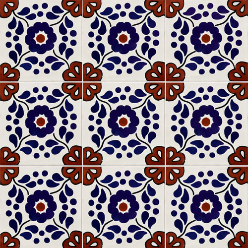 Talavera tile geometric flower corner shown as a nine tile set with solid colors and clear grout lines