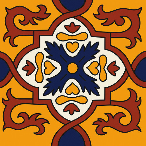 Mexican handcrafted tile with floral terracotta, yellow, cobalt pattrern