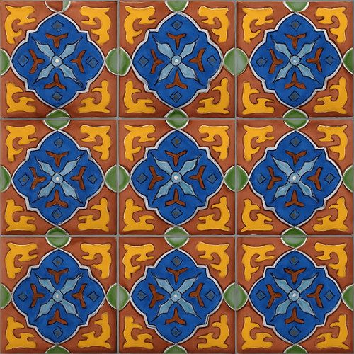 Mexican tile blue floral scroll design shown across multiple complete tiles.