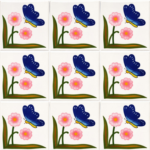 Talavera tile butterfly corner mMotif shown as a nine tile set with solid colors and clean joints