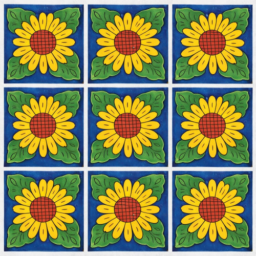 Sunflower folk mexican talavera tile nine piece set showing repeating hand painted pattern