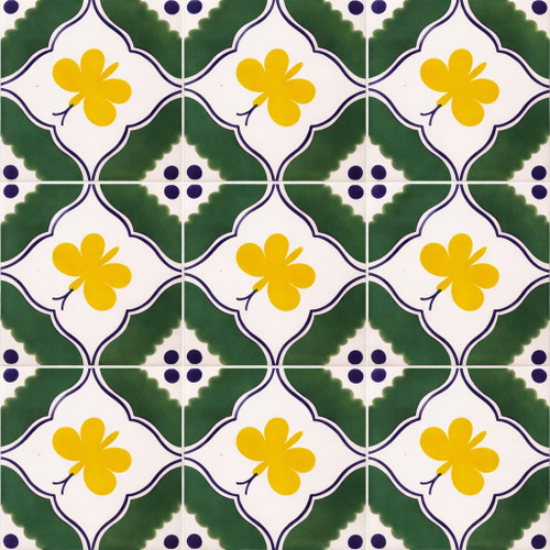 Yellow quatrefoil talavera tile displayed as a nine tile set with clean grout lines