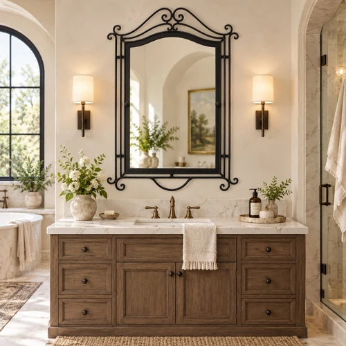 French style wrought iron mirror with scroll frame mounted above a bathroom vanity