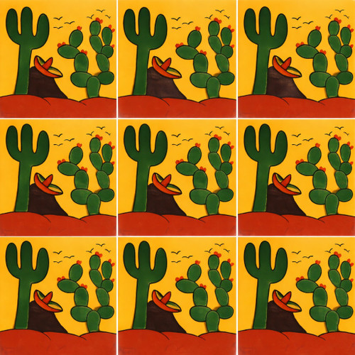 Cactus desert folk talavera tile arranged as a nine tile set with clean grout lines