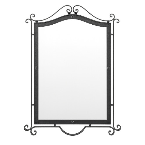 Hand-forged wrought iron mirror with an arched scroll crest with Spanish Revival characters