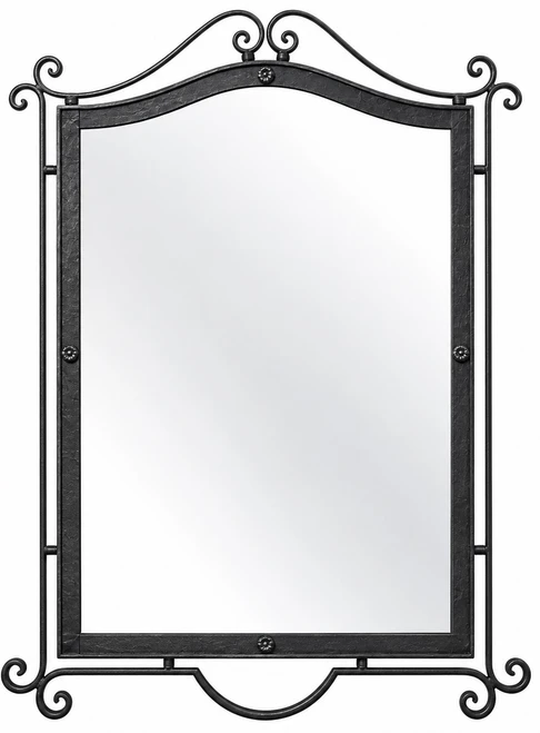Hand-forged wrought iron mirror with an arched scroll crest with Spanish Revival characters