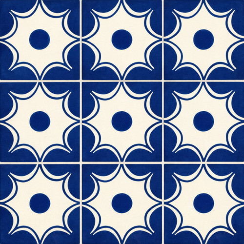 Cobalt geometric medallion talavera tile nine tile layout showing continuous cobalt and ivory pattern
