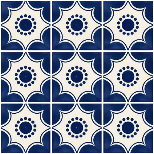 Cobalt geometric medallion talavera tile nine tile set with clear grout lines and solid cobalt color