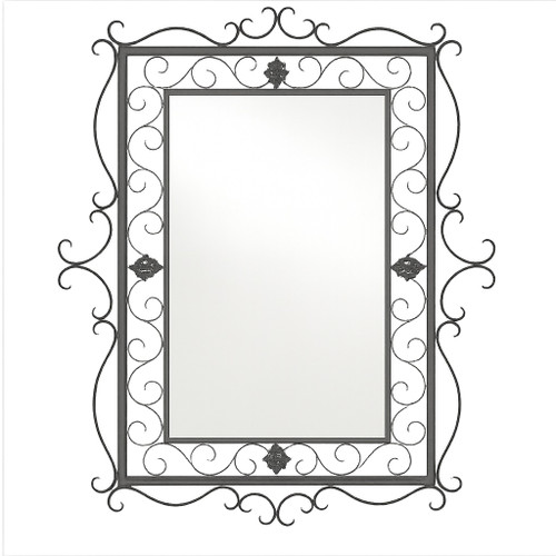 Rectangular ornate wrought iron mirror with a scrollwork frame