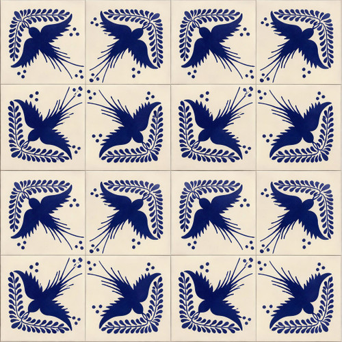 Cobalt bird talavera tile nine piece set showing continuous bird motif pattern