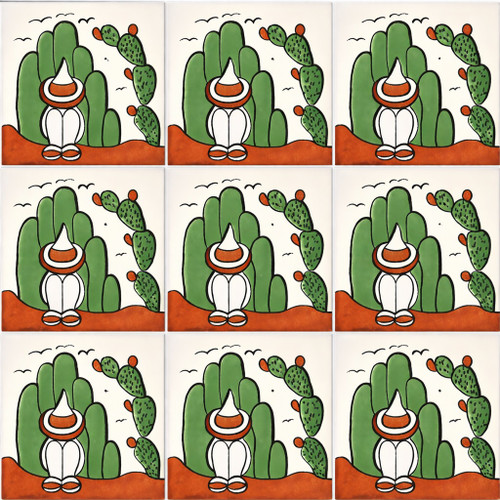 Folk cactus figure talavera tile nine tile set showing cactus figure with solid colors