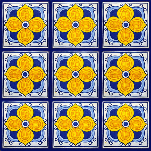 Yellow cobalt talavera medallion tile nine tile set with clear grout divisions