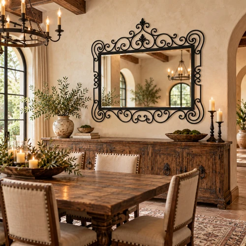 Wrought iron framed mirror – Spanish colonial design decorating a warm dining room wall