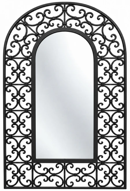 Black iron mirror featuring arched design