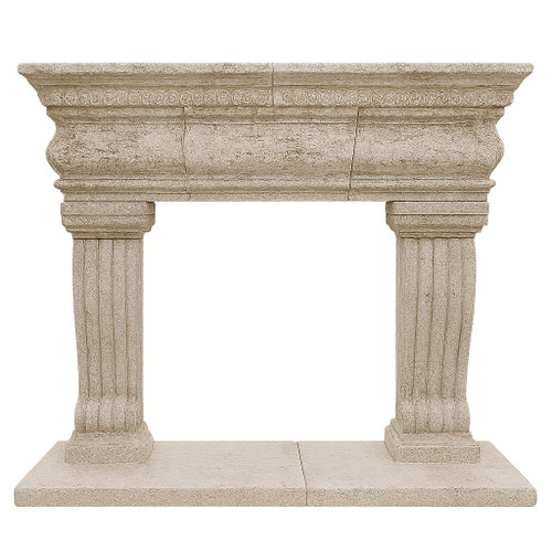 Carved stone fireplace mantel with classical columns front view
