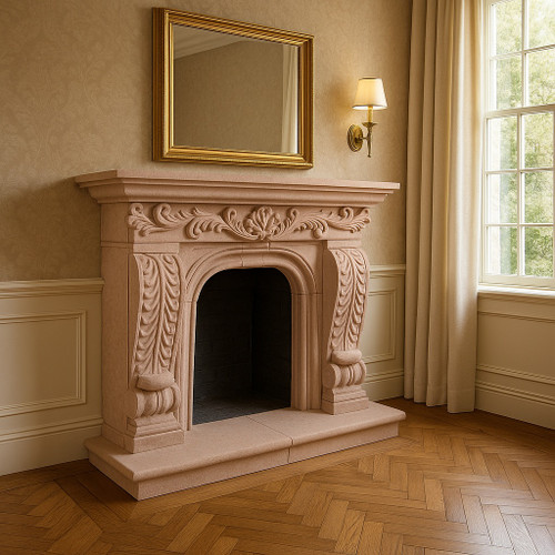 Baroque cantera stone fireplace with carved shell and acanthus in a luxury room of the upscaled American suburban house
