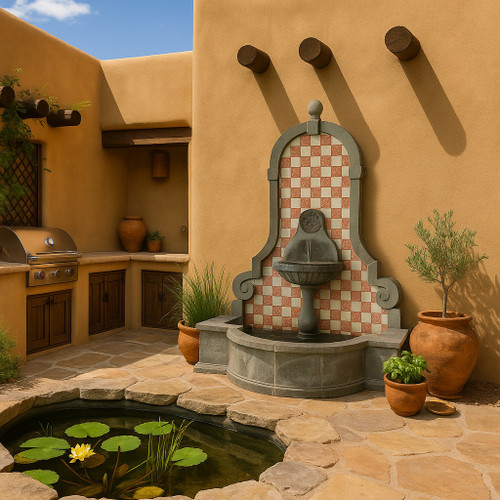 Fluted stone wall fountain with Talavera tiles decorating Pueblo revival style house back yard with outdoor kitchen and a pond