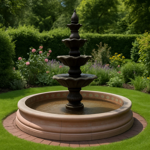 Four-tier cantera stone courtyard fountain in colonial design seen in a courtyard setting
