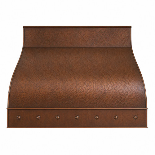 Front view of under-cabinet hammered copper range hood with curved front and riveted apron on white background