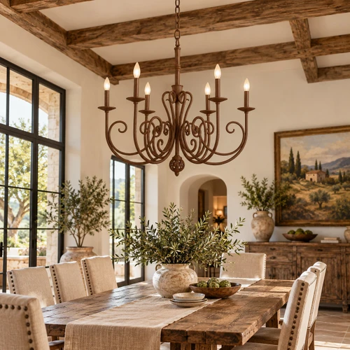 Hand-made iron chandelier hanging above a farmhouse dining area with rustic furniture