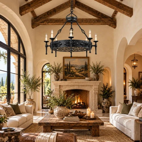 Wrought iron drum chandelier with rosette band in a Mediterranean style living room