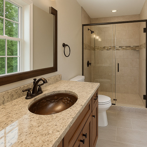 Oval copper sink with floral relief design installed as an undermount in a bathroom vanity