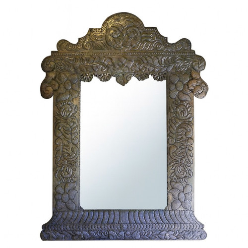 Handcrafted punched tin mirror with an ornate floral frame