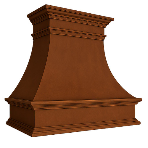 Angled view of copper bell range hood showing its curved canopy, architectural molding, and handcrafted construction