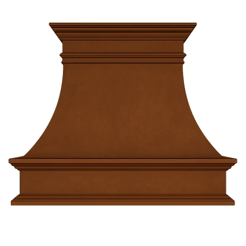 Front view of copper bell range hood with symmetrical curved canopy, architectural crown, and substantial lower apron
