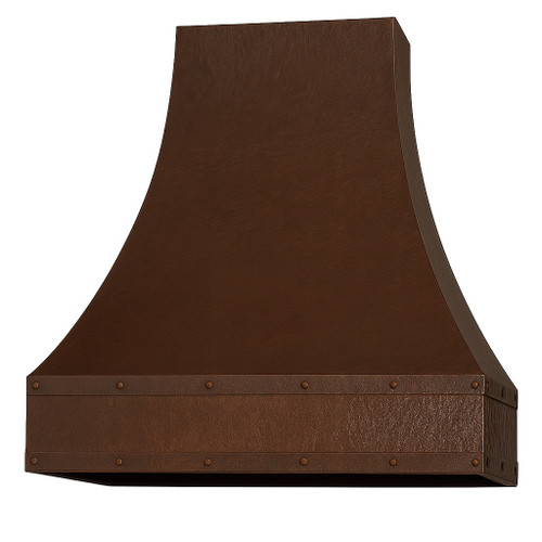 Angled copper bell range hood showing curved canopy, riveted apron, and handcrafted copper surface